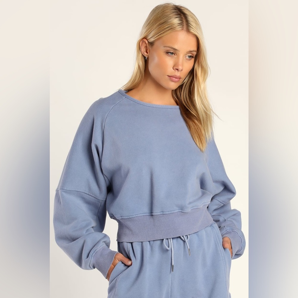 Lulus Twist Connection Denim Blue Backless Cropped Sweater Top